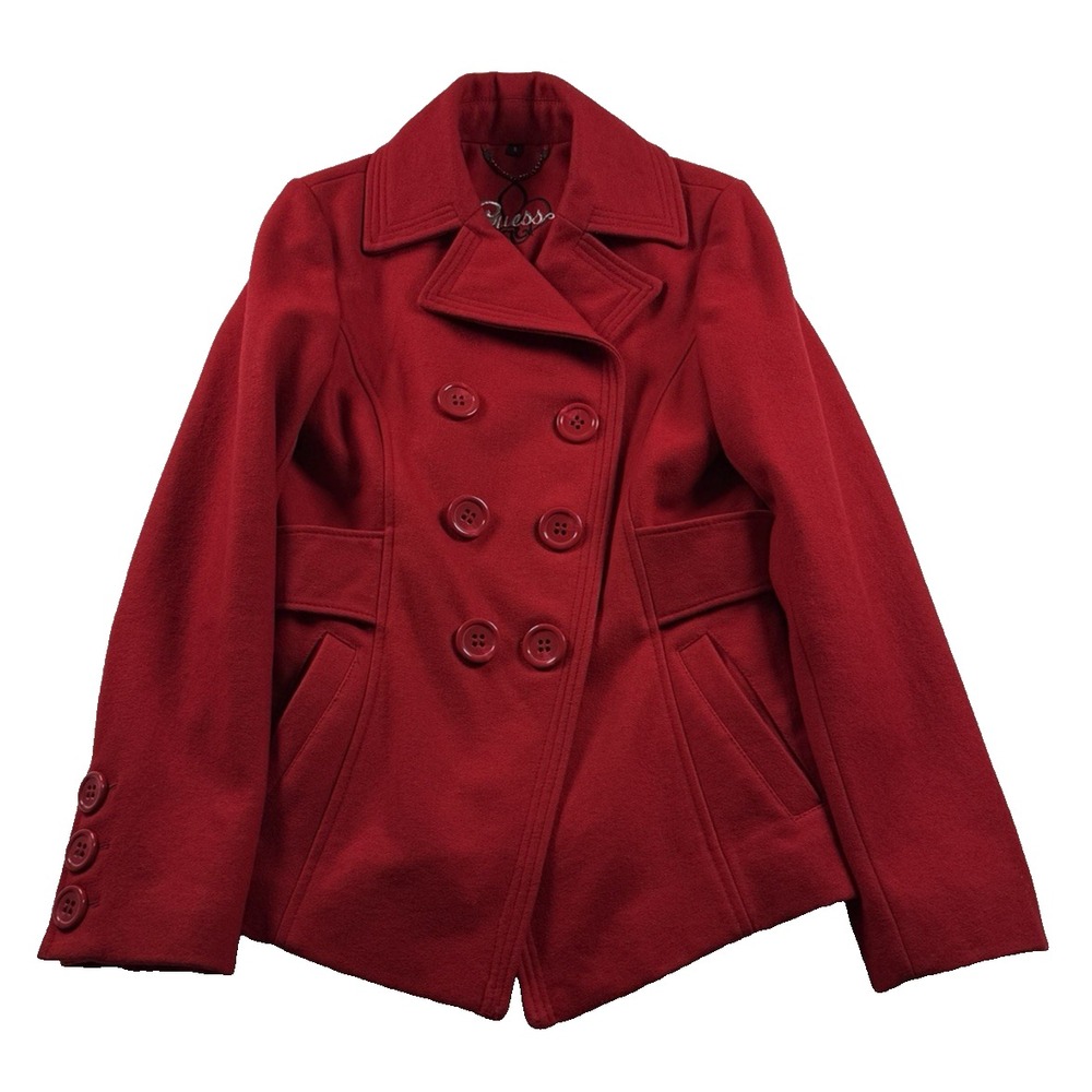 Guess Red Wool Blend Double Breasted Big Button Pea Coat Women's Small